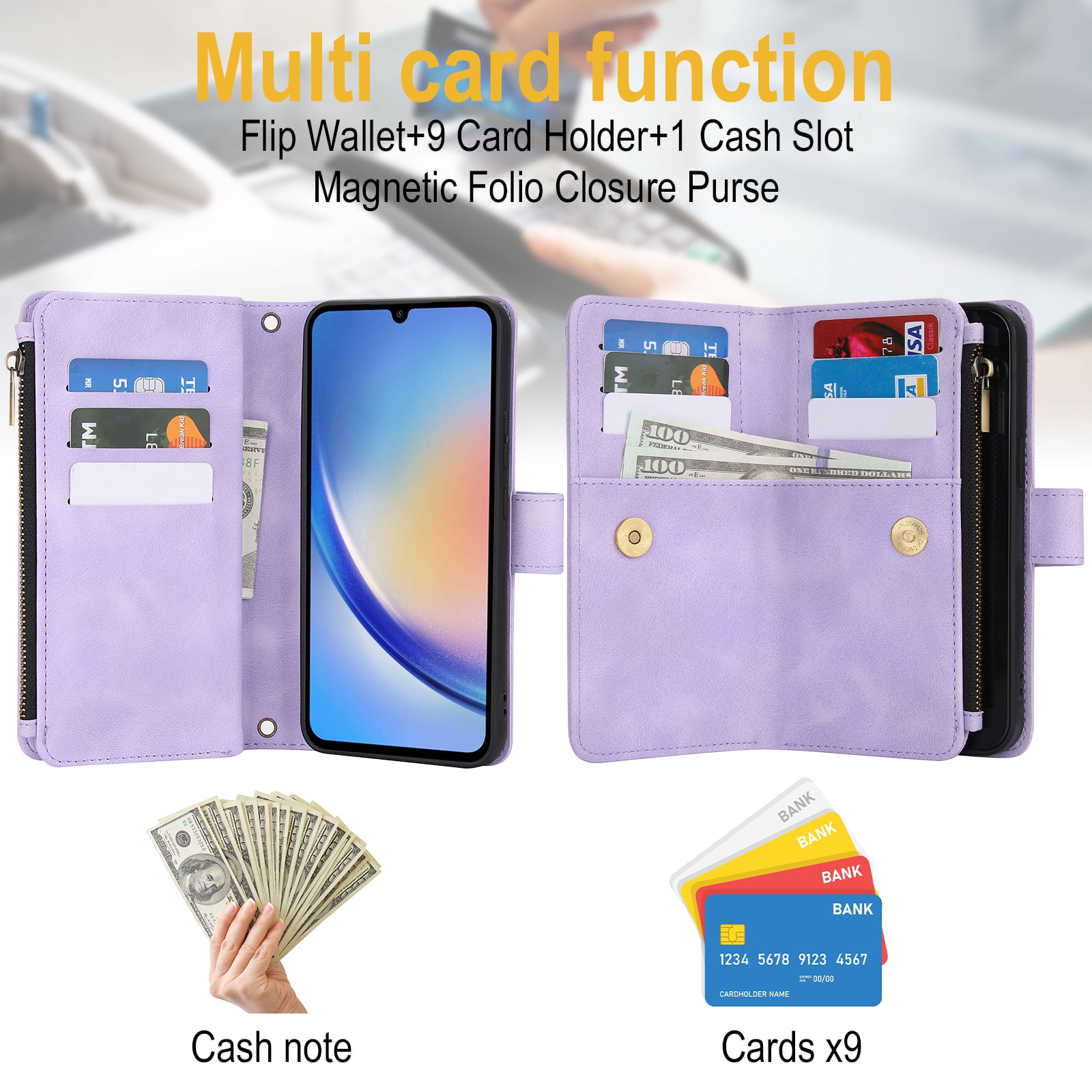 for Samsung Galaxy S24 FE Wallet Case with Card Holder for Women Men, Phone Case RFID Blocking PU Leather Flip Shockproof Cover with Shoulder + Wrist Strap Zipper Credit Card Slots Stand, Purple