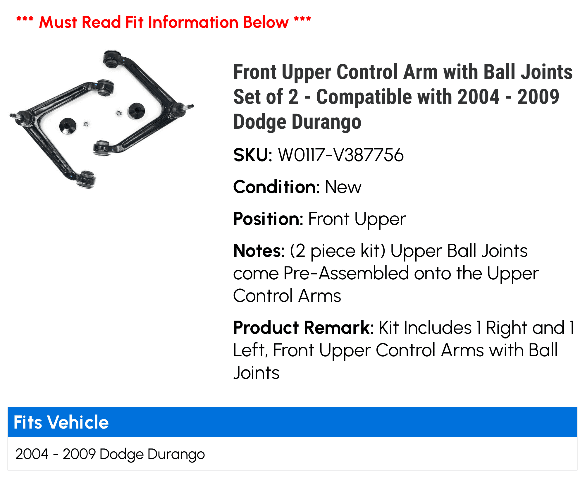 Front Upper Control Arm with Ball Joints Set of 2 - Compatible with 2004 - 2009 Dodge Durango 2005 2006 2007 2008