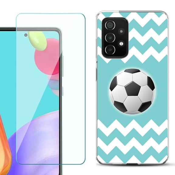 Slim-Fit Flexible Gel TPU Phone Case compatible with Samsung Galaxy A52 5G, with Tempered Glass Screen Protector, by OneToughShield ® - Chevron/Teal/Soccer
