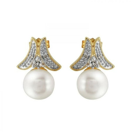 Ladies 0.08 Carat Freshwater Pearl And Diamond 10k Yellow Gold Earrings