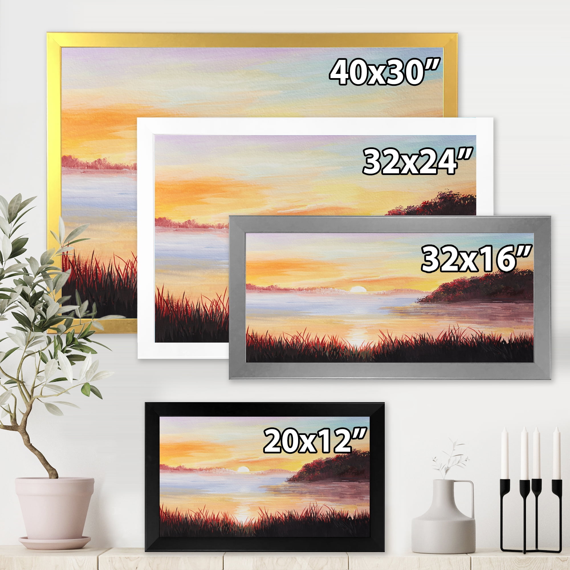 Designart 'The Reeds On The Lake In Evening Glow' Nautical & Coastal Framed Art Print