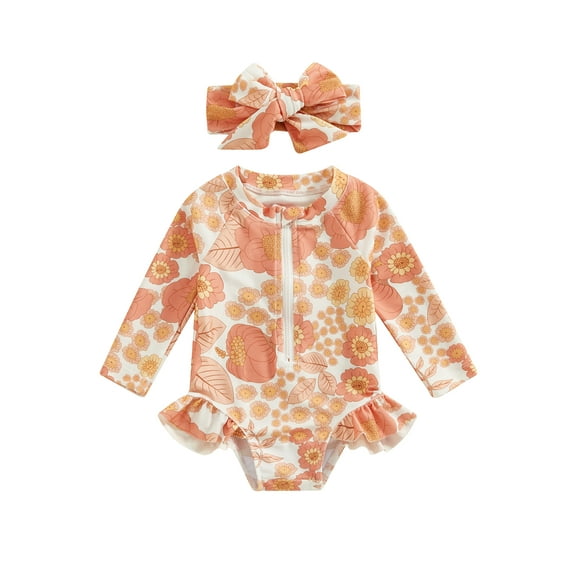Baby Sweetie Toddler Girl One-Piece Swimsuit Rash Guard Infant Zipper Long Sleeve Swimwear and Headband Bathing Suits Beachwear