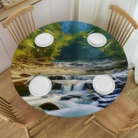

Palnkart Waterfall Trees River Round Table Cover Stain Resistant Washable Indoor Outdoor Tablecloth Kitchen Dining Wedding Parties Waterproof 100% Polyester Fiber 46-50