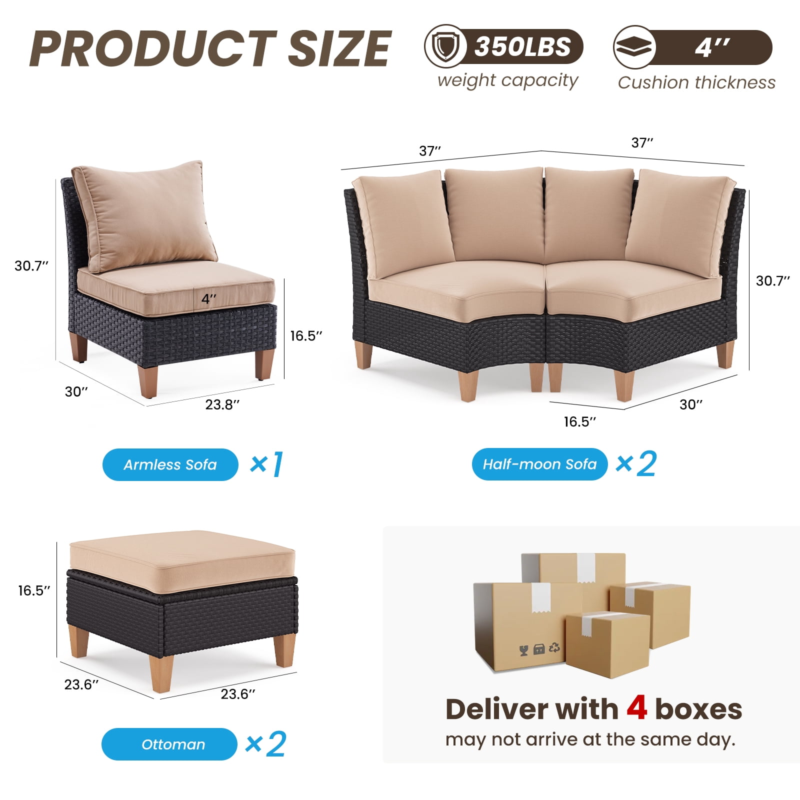 MAYEERTY 7-Piece Outdoor Patio Curved Rattan Sofa Set with Fan-shaped Seats, Middle Chair & Ottomans
