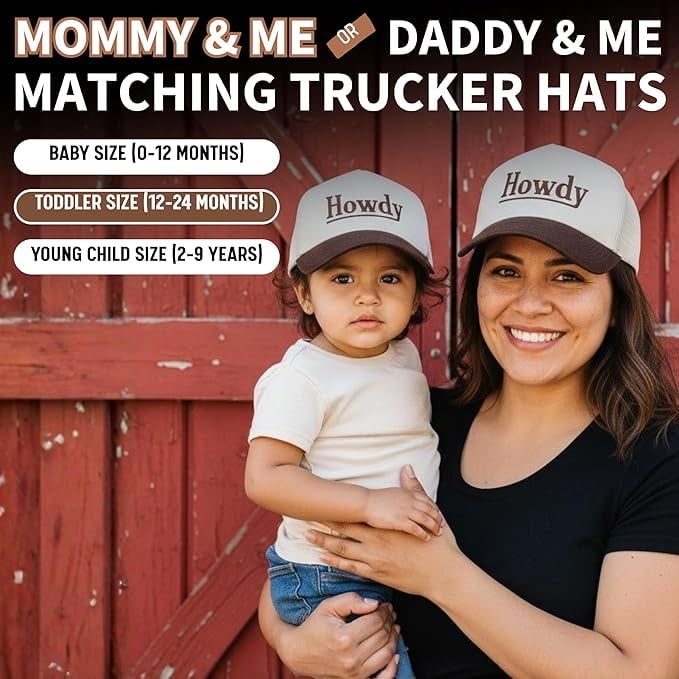 Funky Junque Matching Family Trucker Hat Set - Vintage Two-Tone Daddy & Me, Mommy & Me Snapback Baseball Caps - Howdy - Brown/Beige - Adult/Infant (0-12 Months)