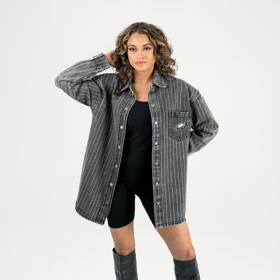 Women's Gameday Couture Black Philadelphia Eagles Oversized Style's the Limit Micro-Rhinestone Stripe Washed Denim