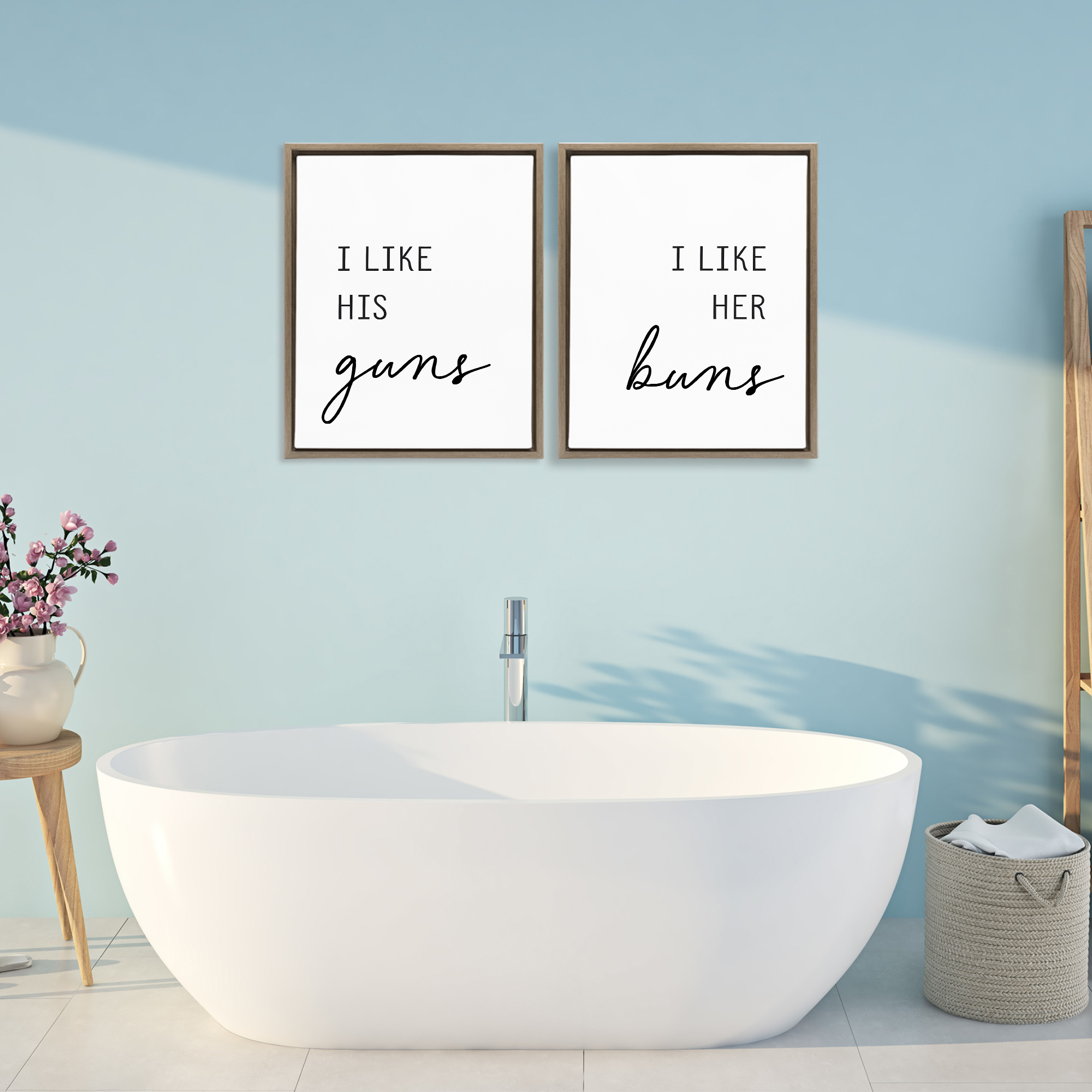Like His Guns & Her Buns 2 Piece Brown Framed Floater Canvas Set, design by Lettered and Lined