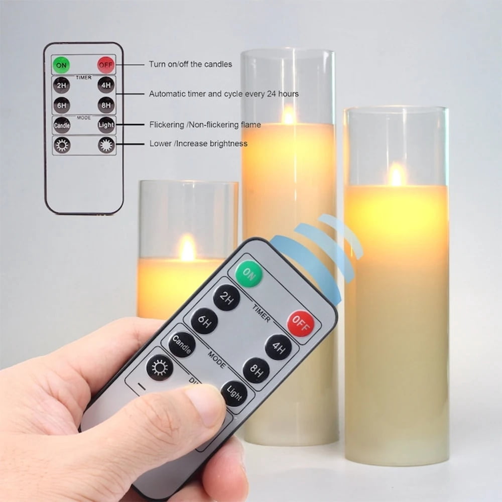 Big Size Candles Set of 8" 10" 12" Glass Flameless Candles  Battery Operated Real Wax Pillars Glass LED Candles with Remote Control Cycling Timer