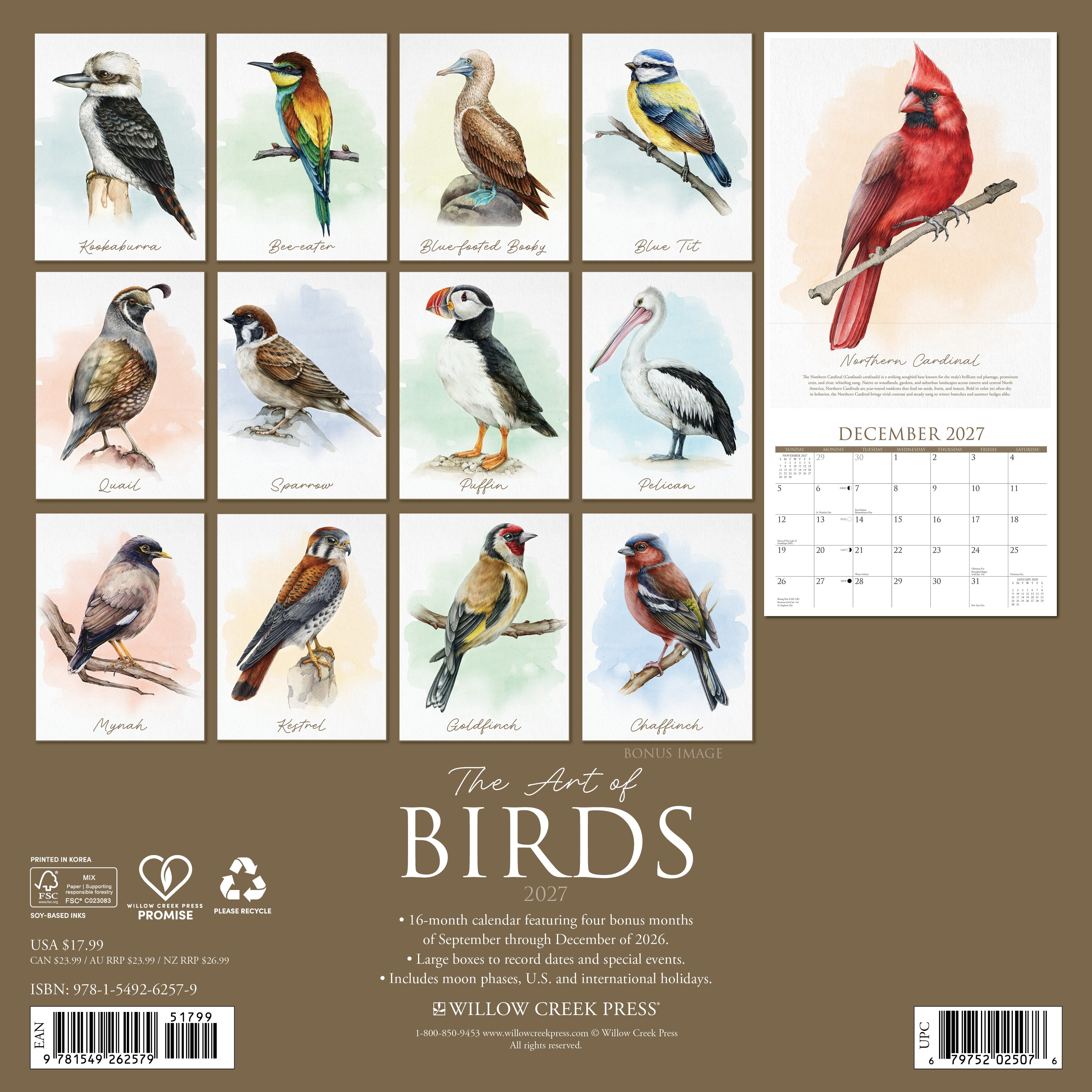 Willow Creek Press, The Art of Birds 2027 Wall Calendar
