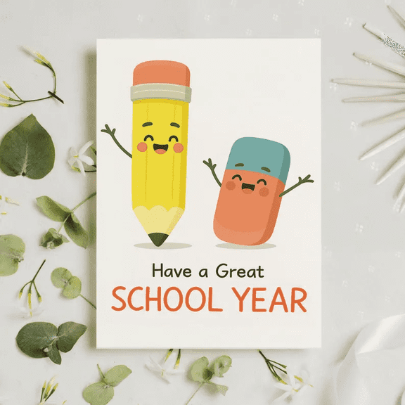 Back to School Card – Cute Pencil and Eraser Design – "Have a Great School Year" Message – Blank Inside, Perfect for Students and Teachers