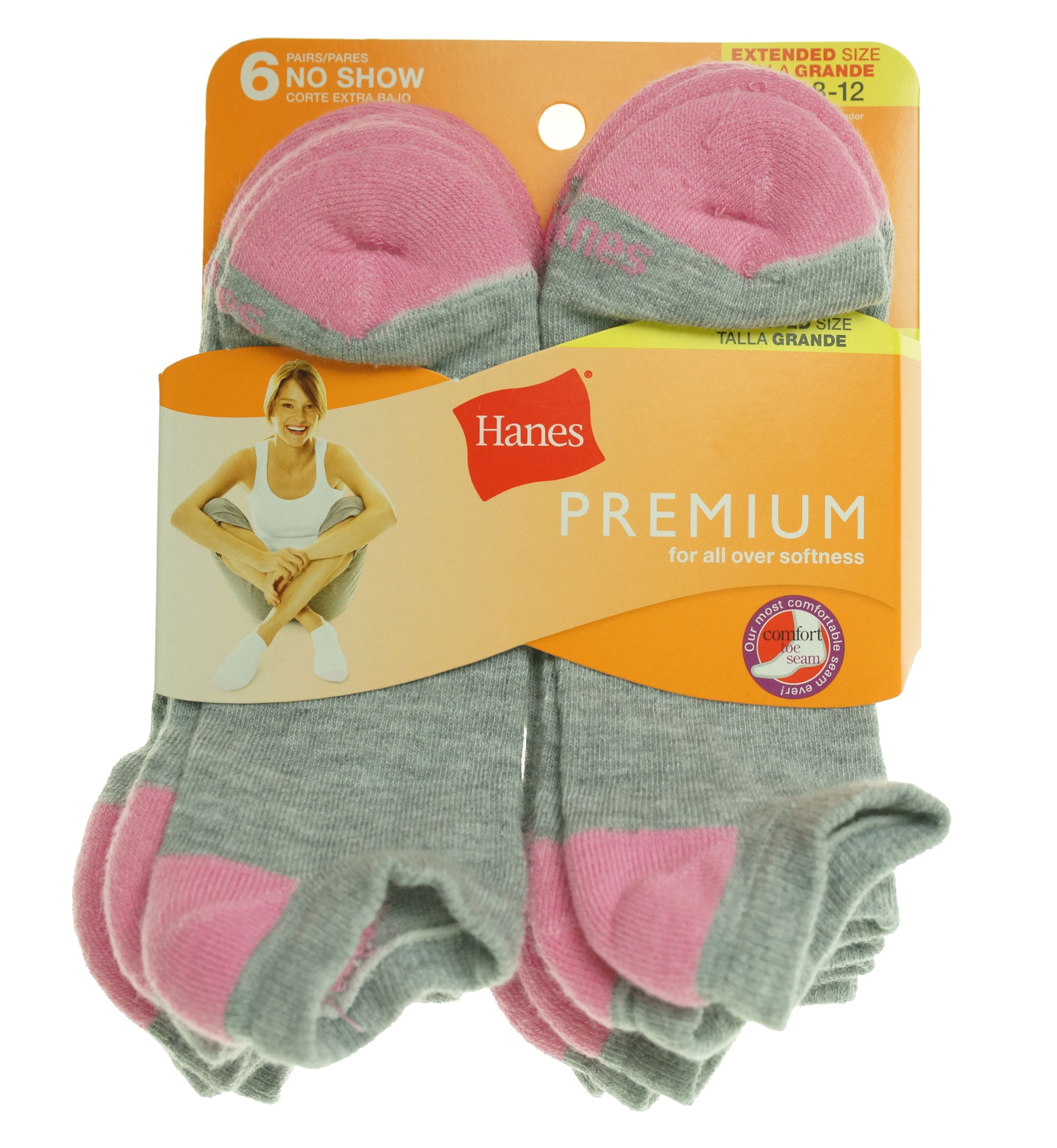 Hanes Premium Women's 6 Pack No Show Socks Gray/Pink Shoe Size 812