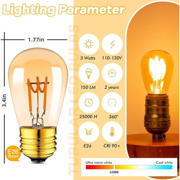 YNTVV-E26 LED Vintage Edison Light Bulbs,3W Antique Spiral Decor Equal to 25 Watt Amber Light Bulbs,2200K Ultra Warm Light is Ideal Choice for Leisure Area and Fashionable Cafe,Non-Dimmable,110V,6pcs