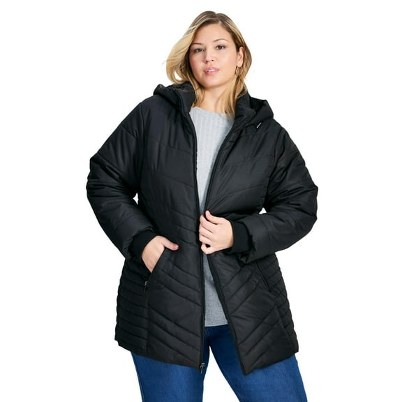 Avenue Women's Plus Size Triple Chevron Hooded Puffer Jacket
