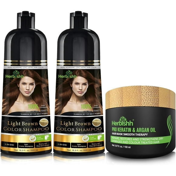 Herbishh Light Brown Hair Color Shampoo for Gray Hair, Hair Dye Shampoo with Argan Hair Mask,3 in 1, 100% Gray Coverage, Permanent Hair Color for Men & Women, Ammonia-free, (Pack of 2)
