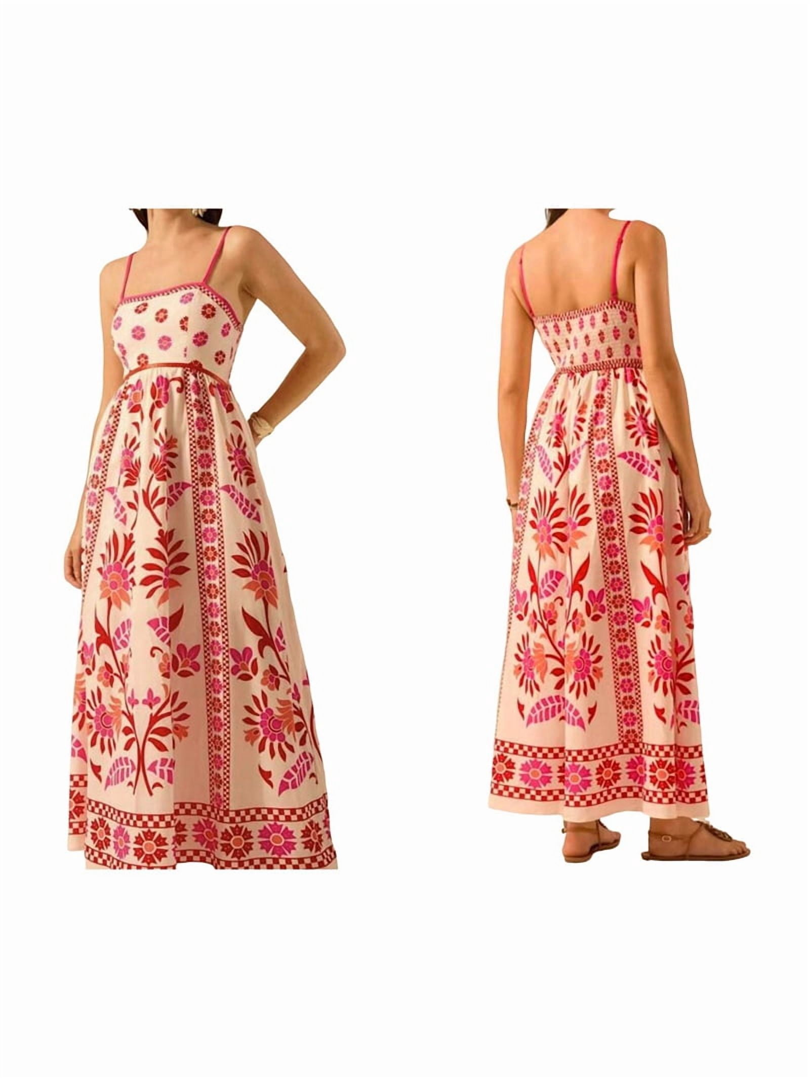 Womens 2025 Summer Floral Maxi Dress Sleeveless Spaghetti Strap Printed Smocked Boho Beach Long Dress Red M