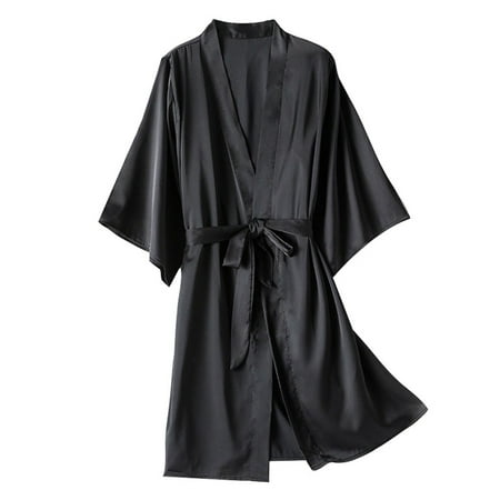 Mrat Women Silk Robe Short Sleeve Pajamas Cosplay Lingerie Flannel Pajamas Female Nightgown with Built in Bra Sleepwear Casual Short Pajamas Black 4XL