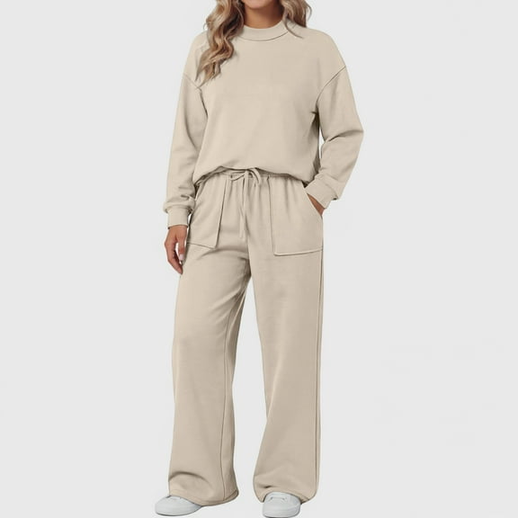 WTOBBY Women's Casual Round Neck Sweatshirt and Relaxed Fit Sweatpants Set, Breathable Soft Lounge Outfit for Home and Street Wear,Beige L