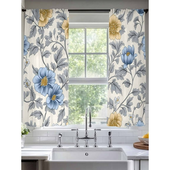 Blue Yellow Floral Sheer Curtains 63 Inches Long 2 Panels Vintage Plant Light Filtering Semi Sheer Window Curtains Drapes for Bedroom Living Room 52"x63"