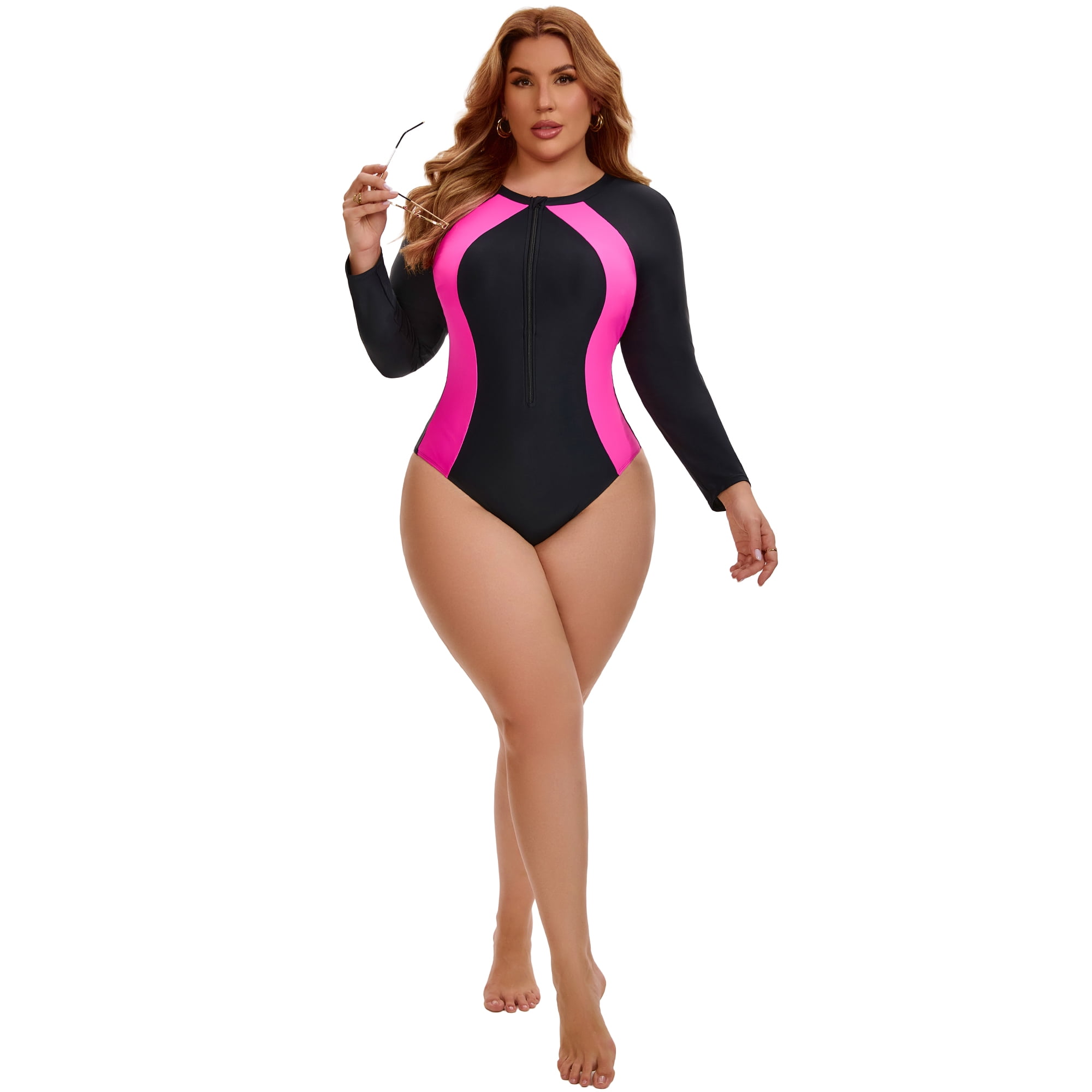 DARING DIVA Women's Plus Long Sleeve Zip Front Beach Swimsuit 2X Black Fuchsia