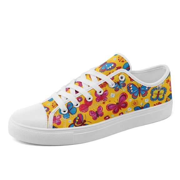 Coolcustomize Women Stylish Plus Size Vibrant Butterfly & Flower Low-Top Sneakers, Yellow/Red/Blue, Comfort Lightweight Breathable Casual Shoes, Lady's Plus Size Round Toe Canvas Shoes for Outdoor