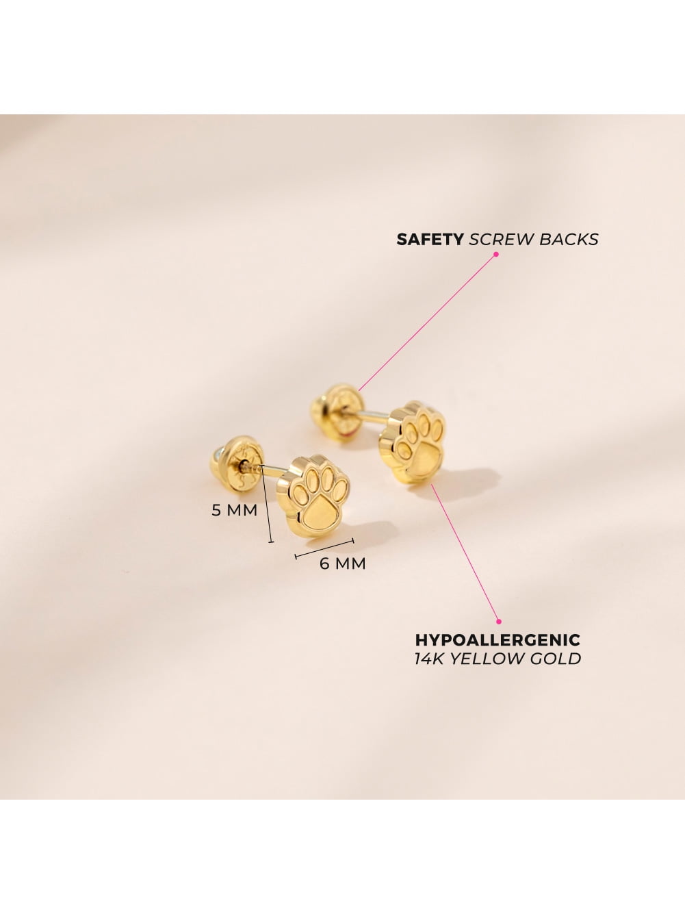 14k Gold Dog Paw Baby / Toddler / Kids Earrings Safety Screw Back