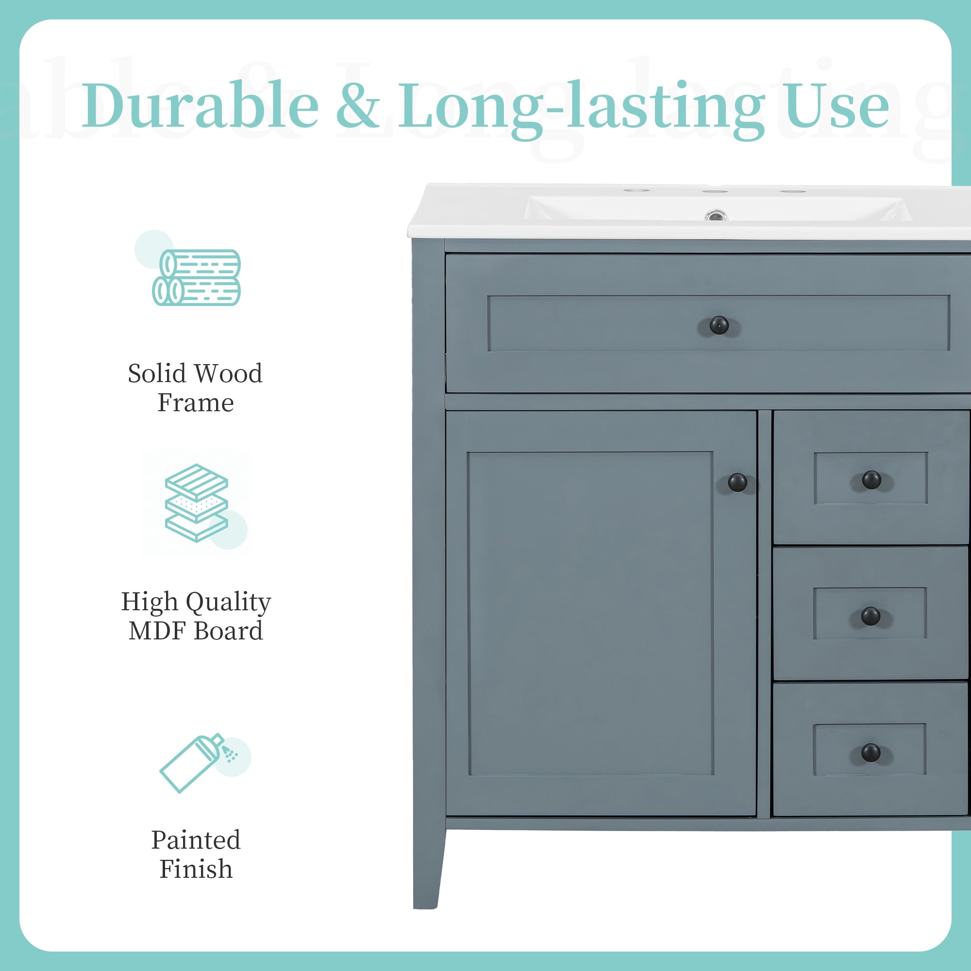 Anpport 30" Freestanding Bathroom Vanity with Sink, Modern MDF & Rubberwood Cabinet, 3 Drawers, Adjustable Shelf & Left‑Side Door, Blue Grey