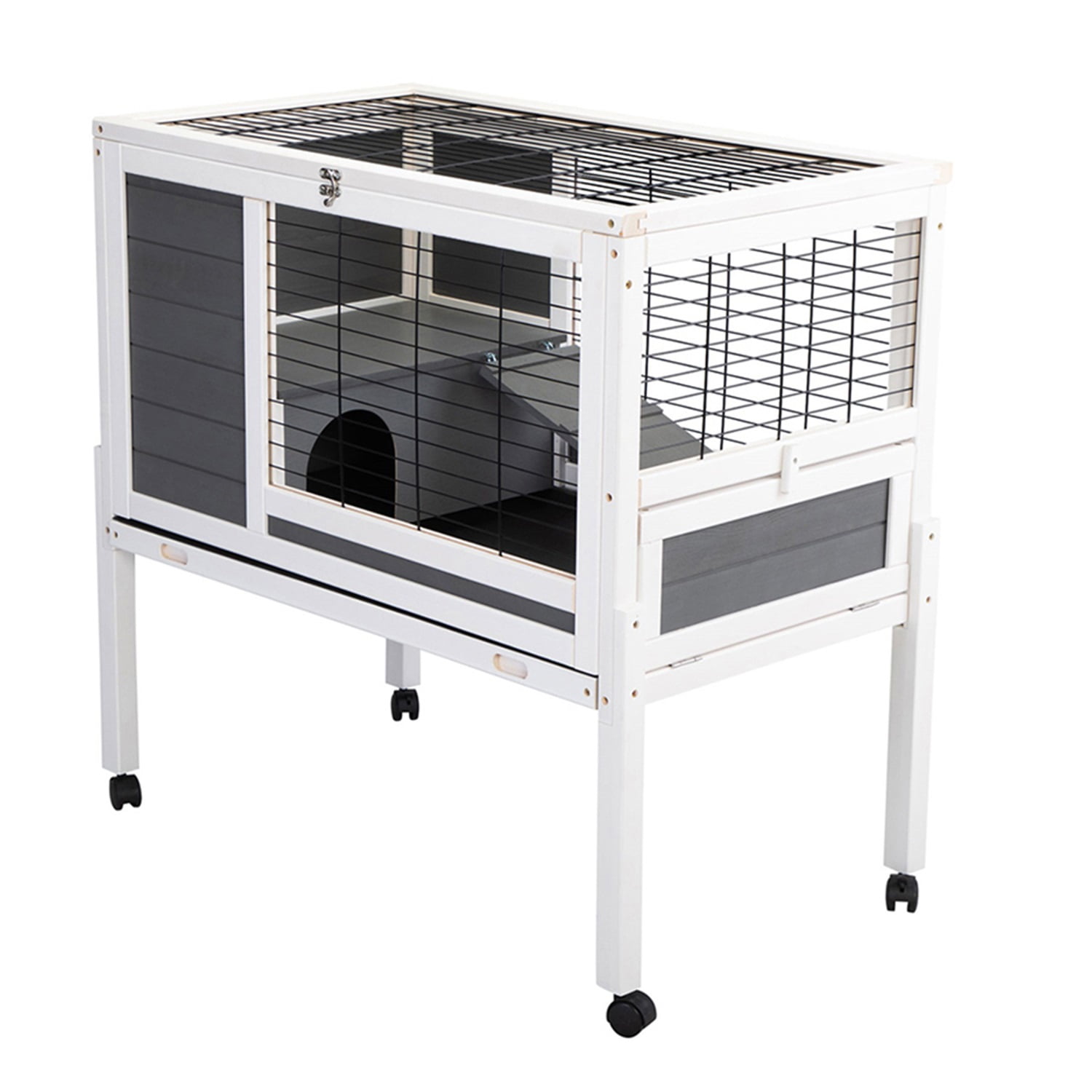 Pefilos Rabbit Hutch Indoor Outdoor Bunny House on Wheels Bunny Cage, Gray Pefilos Rabbit Hutch Indoor Outdoor Bunny House on Wheels Bunny Cage, Gray