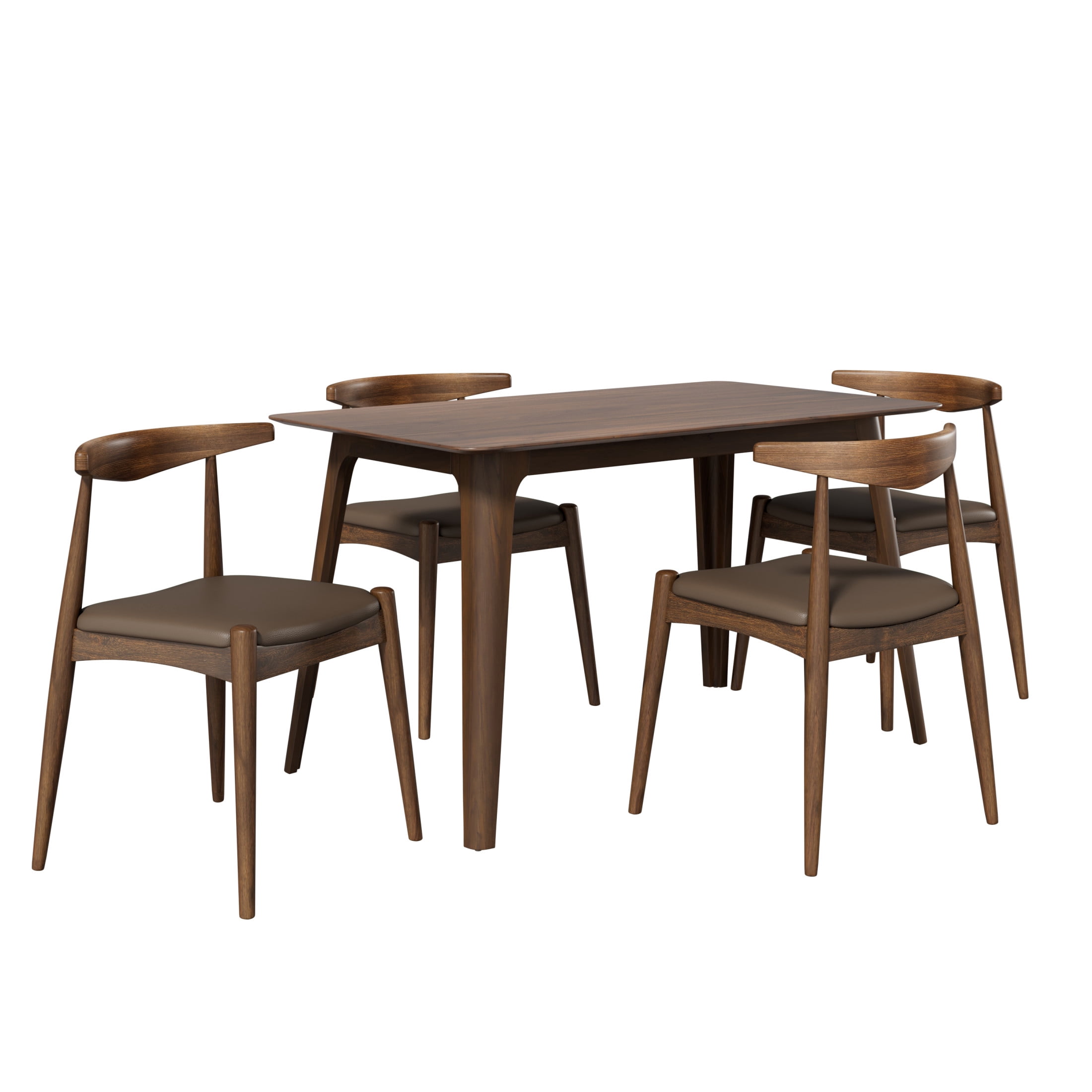 Christopher Knight Home 5-Piece Mid-Century Modern Dining Set, Wood Frame with Leather Seat, Walnut+Brown