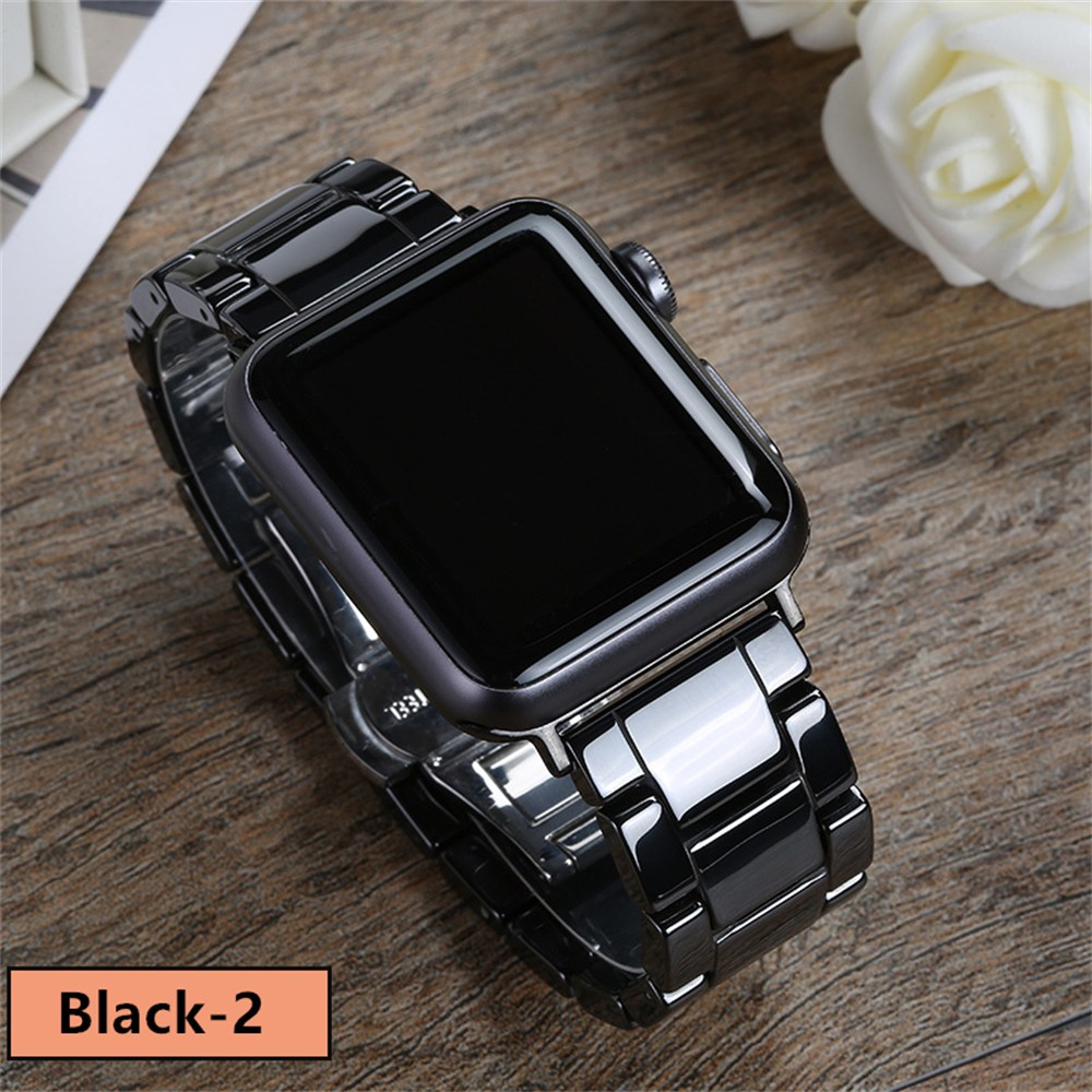 Compatible for Apple Watch Band 40mm 44mm 45mm 42mm Ceramic iWatch Band Women Men Stainless Steel Metal Butterfly Buckle Wristband Replacement Band for Apple Watch Series 7 6 5 4 3 2, SE -White/Black - image 1 of 9