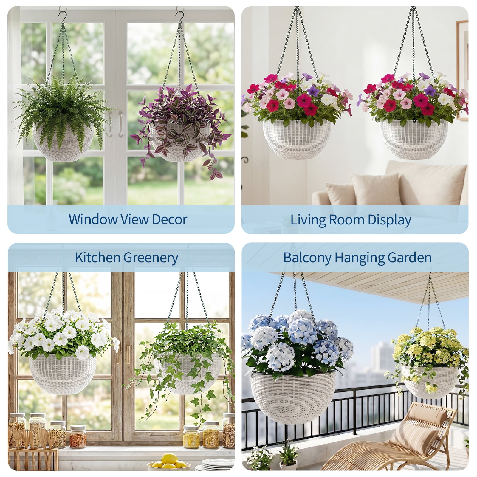 Self Watering Hanging Planter 13.8 Inch – 2 Pack Resin Rattan Basket with Drainage Plug, Deep Inner Pot & Sturdy Metal Triple-Chain