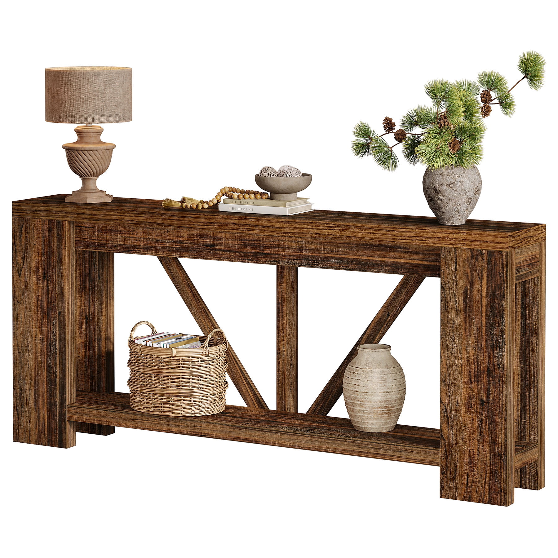 Fnova 70.9" Console Table, 2-Tier Farmhouse Entryway Table, Narrow Long Wood Sofa Table Behind Couch with V-Shaped Support for Living Room, Hallway, Foyer