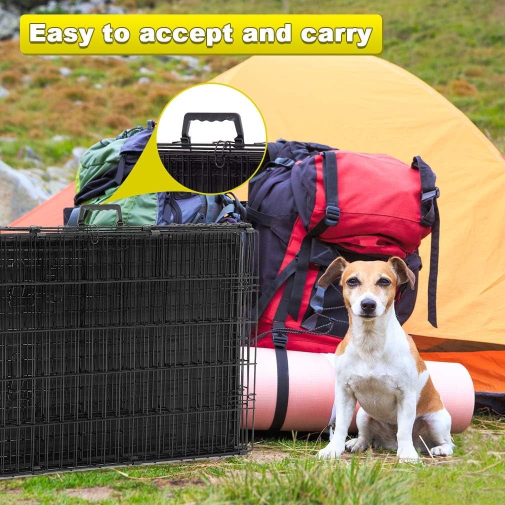 BestPet Large Dog Crate, 30in, Metal Wire, Double Door, Folding, Plastic Tray, Handle, Black