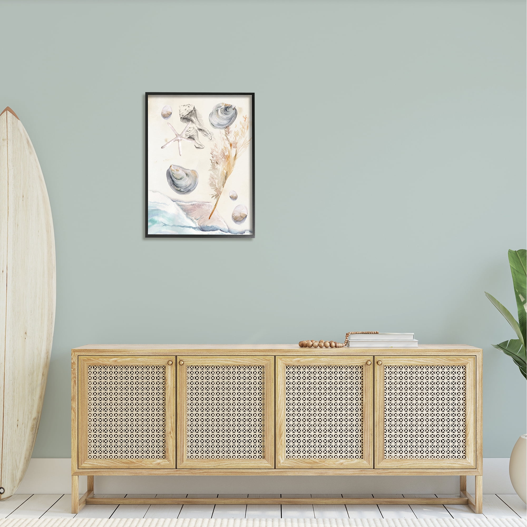 Stupell Beach Shore Splashing Sea Shells Landscape Painting Black Framed Art Print Wall Art