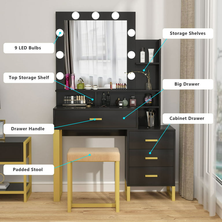 Makeup Vanity With Lighted Mirror, Vanity Desk With 4 Drawers And Open  Shelves For Bedroom, Black