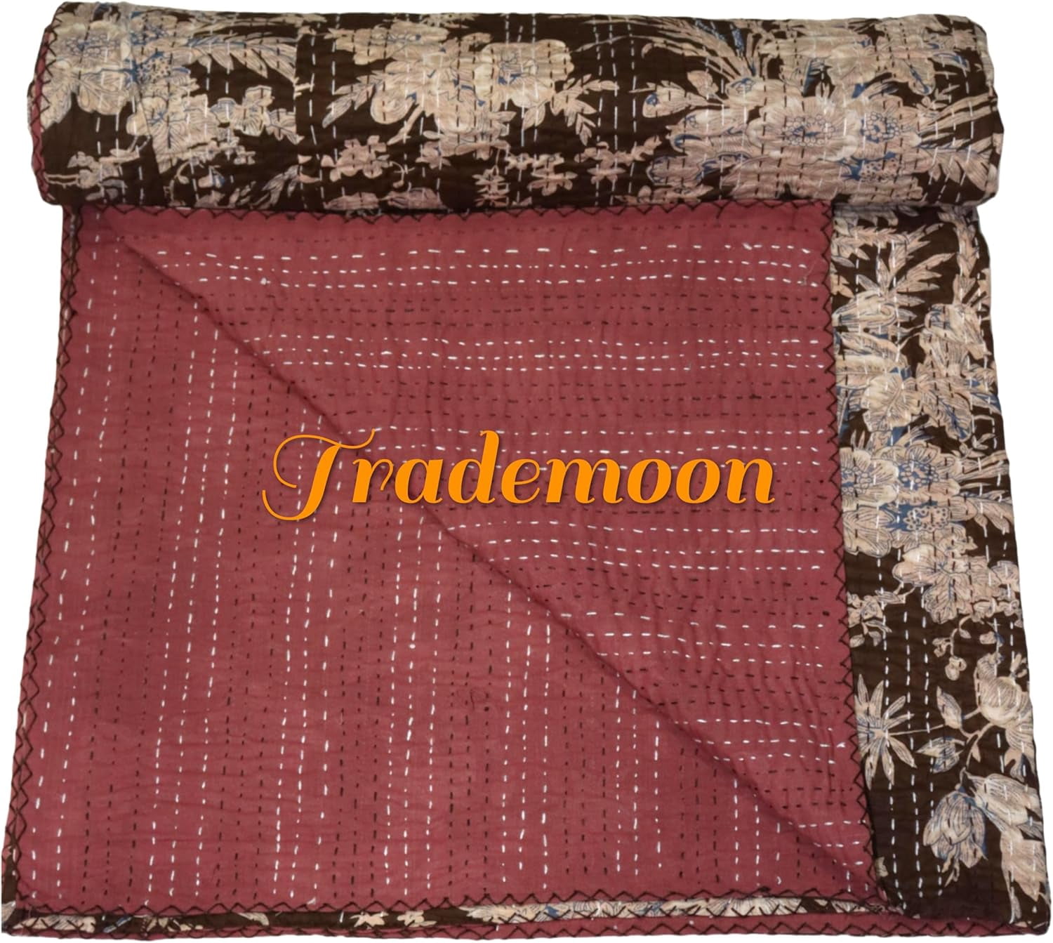 Indian Vintage Floral Kantha Quilt, Brown Cotton Bedspread with White Stitched Pattern, Kantha Gudri (Twin Size - 60" x 90")