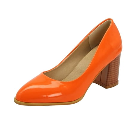 

PMUYBHF Female Women s Sandals with Arch Support and Back Strap Ladies Fashion Solid Color Bright Leather Pointed Shallow Mouth Thick High Heeled Casual Shoes 38 Orange