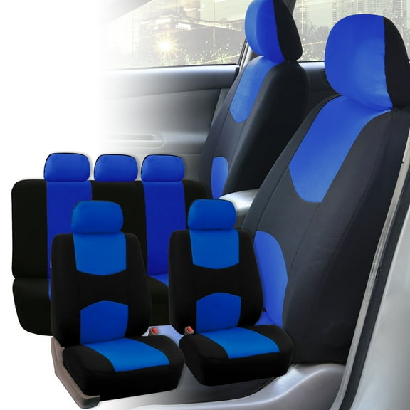FH Group Car Seat Covers Blue Black Set for Auto SUV Trucdk w/5 Head Rests