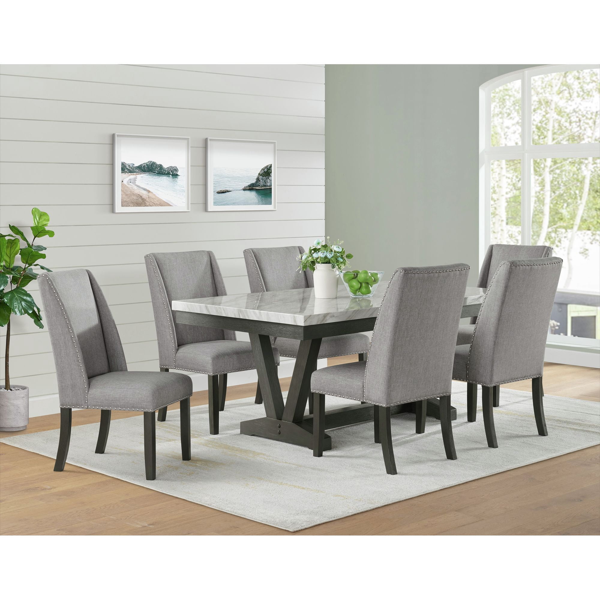 Picket House Furnishings Eve Dining Table w/ White Faux Marble Top in Charcoal