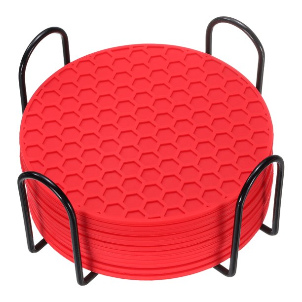 Paquete de 12 posavasos de silicona con soporte, posavasos redondo de 4 pulgadas para bebida, rojo
