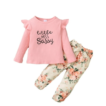 

Kucnuzki 2T Toddler Girl Fall-Winter Outfits Pants Sets 3T Long Sleeve Letter Prints Sweatshirt Tops Elastic Pants Headband 3PCS Set Pink