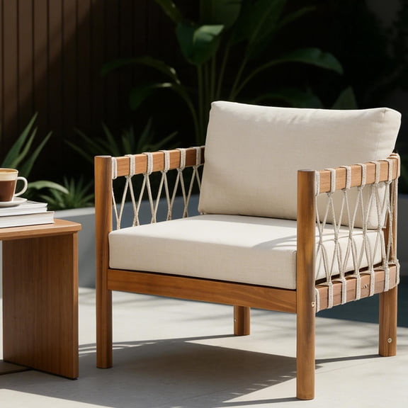 Christopher Knight Home Coastal Haven Outdoor Chair Acacia Wood with Beige Cushions, Single