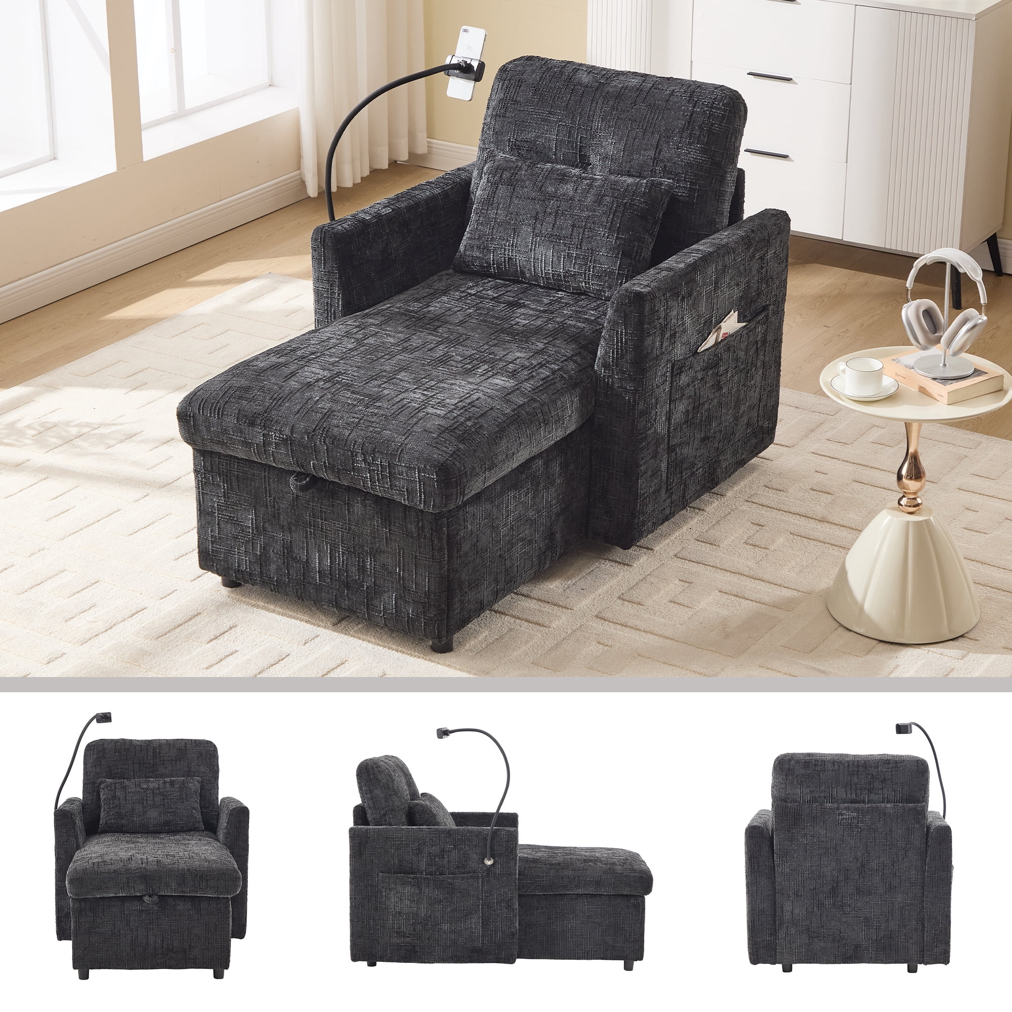 Aukfa Storage Chaise Lounge Single Sofa with Phone Holder and Pillow for Living Room Bedroom, Chenille, Black