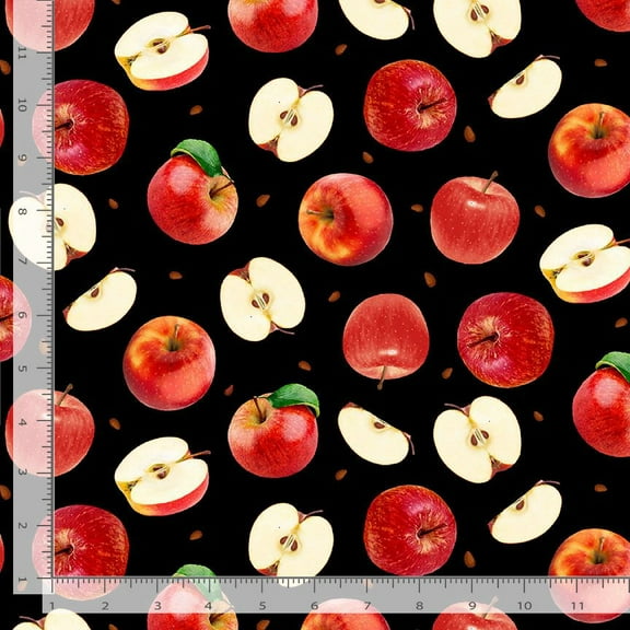 Cotton Apples & Slices Fruits Fall Autumn Seeds Leaves Leaf Timeless Treasures Black Cotton Fabric Print by the Yard (FRUIT-CD2865-BLACK)