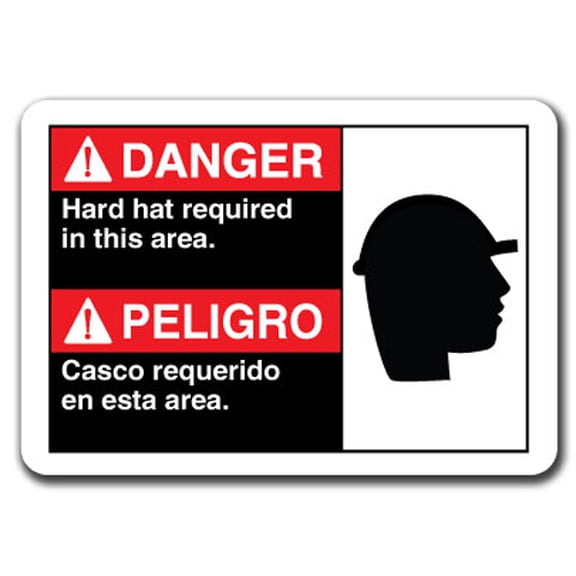 Danger Sign - Danger Hard Hats Required In This Area (Bilingual Spanish) 7"x10" Plastic Safety Sign ansi osha