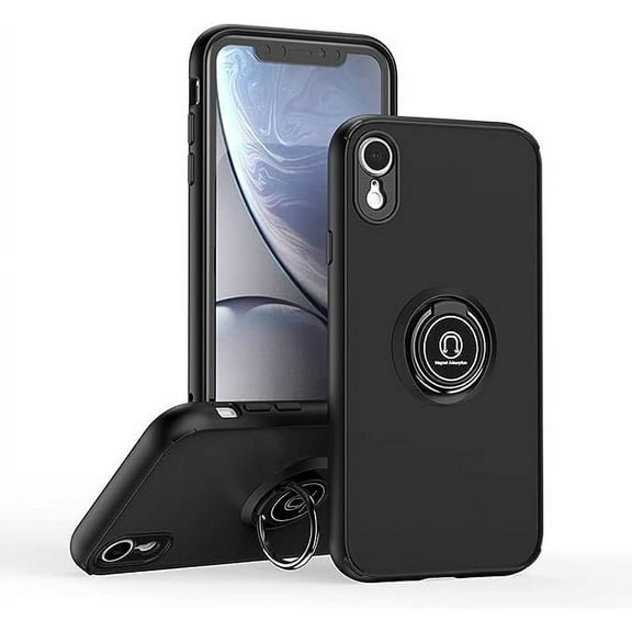Kick Stand Case for iPhone Xr Heavy Duty with Magnetic Ring Case {Shock Proof-Built in Kickstand - Dual Layer Rubber- iPhone Xr} Color Black - By Entronix