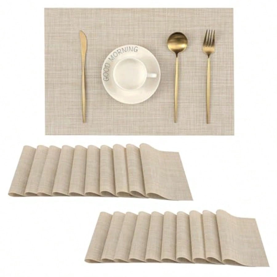 Beige Placemats Set of 20 - Heat Resistant Non-Slip Place mats for Dining Table Washable Durable PVC Vinyl Woven Table Mats Beige 20