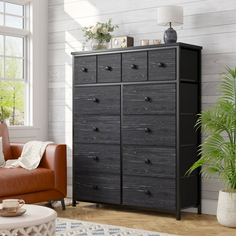EnHomee Dresser for Bedroom Dresser Chest of Drawer Fabric 12 Drawer Dresser Tall Dresser Rustic Big Storage Dresser Tower with Wood Top Metal Frame