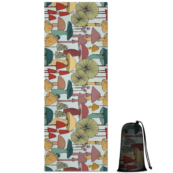 Colorful Mushroom Plant Light Blue Pattern Hot Yoga Mat Towel Non Slip for Hot Yoga - Quick-Drying Yoga Mat Cover with 4 Corner Pockets with Travel Bag - Hot Yoga Towel Non Slip 70"x26"