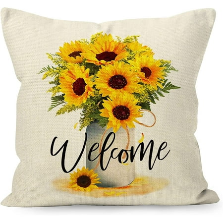 

YUESHARE Farmhouse Rustic Summer Fall Flower Welcome Linen Throw Pillow Cover Fall Housewarming Flower Lover Gifts For Home Porch Sofa Decorations Decor (16x16 inch)