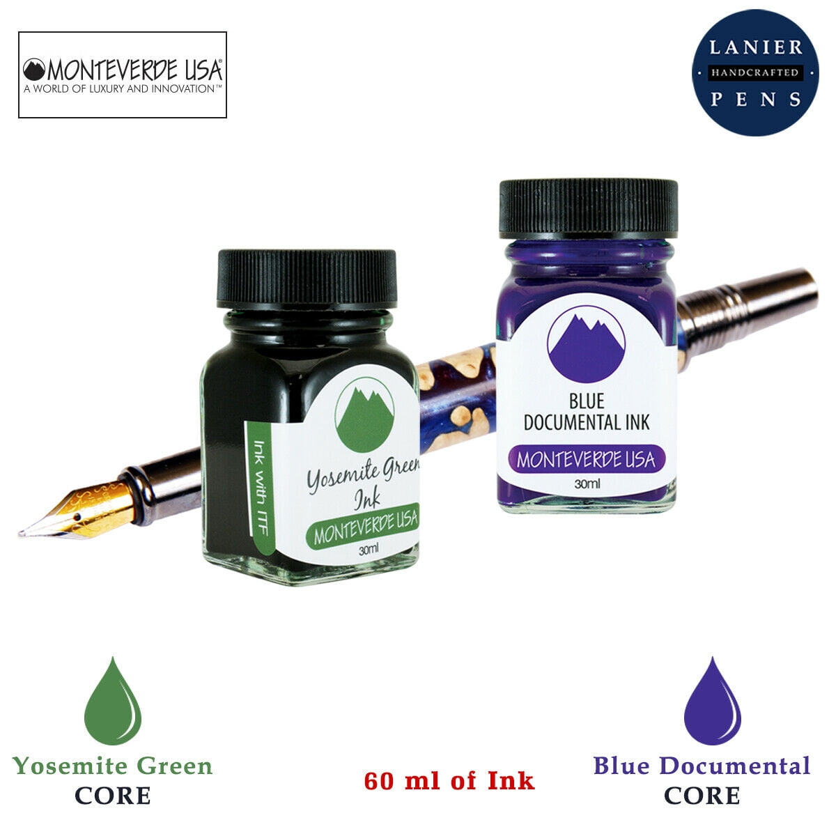 Monteverde 60ml Core Fountain Pen Ink Bottle (30ml Yosemite Green Ink Bottle G309YG, 30ml Blue Documental Ink Bottle G309DU)